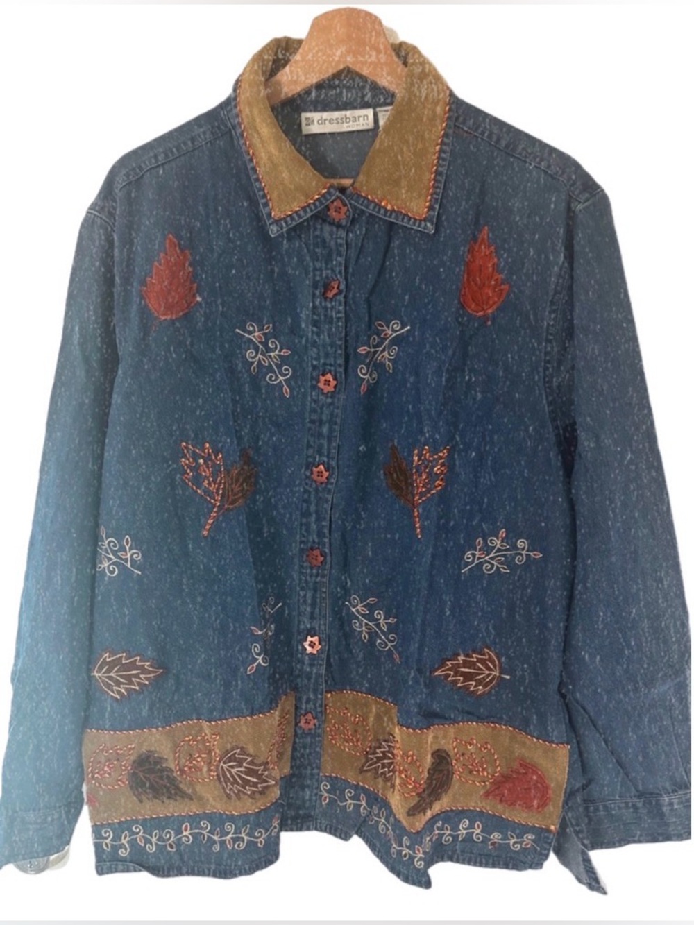 dressbarn Blue Embroidered Denim shacket Jacket with Tan Collar